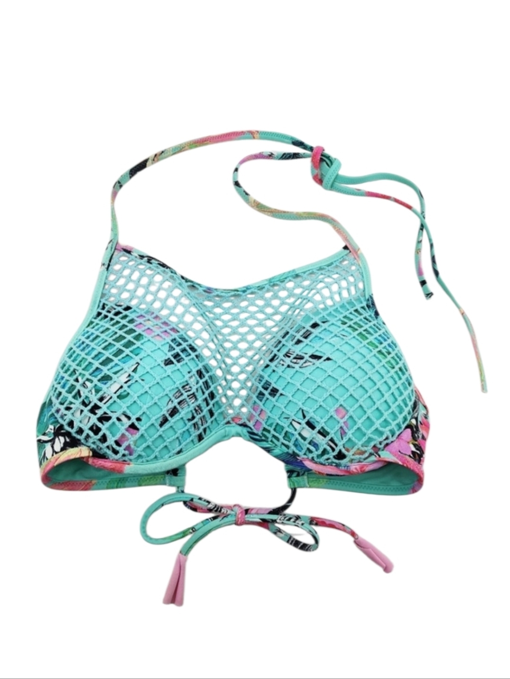 Shade & Shore Floral Halter Swim Top 34B Teal Fishnet Floral Padded Bikini Top